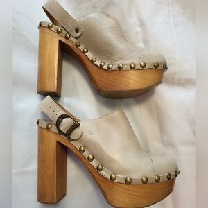 Jeffrey Campbell Cream Leather Clogs with Brass Studs